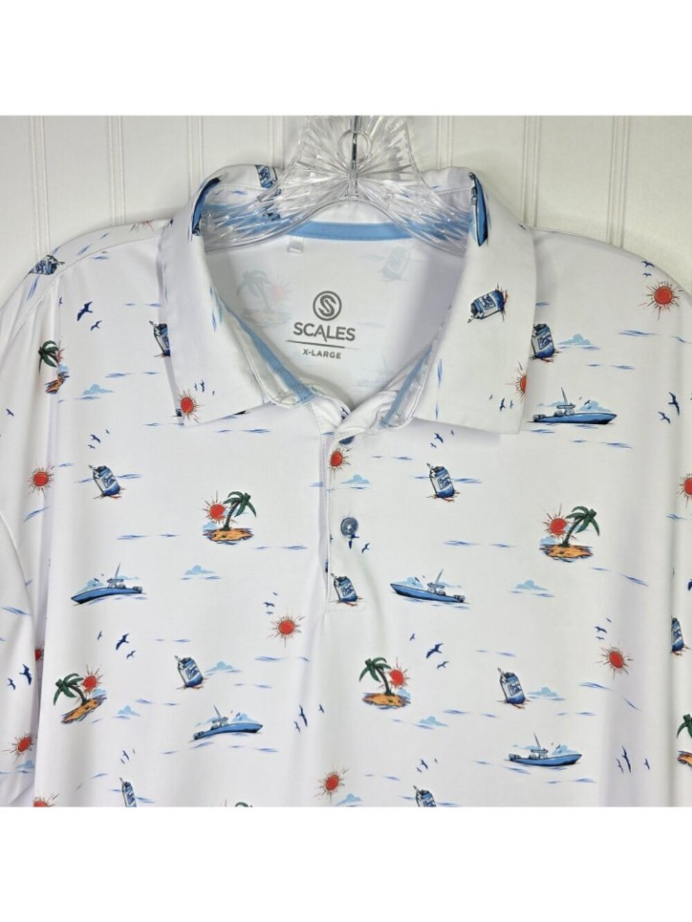 Scales Polo Shirt Mens XL White Nautical Boat Tropical Fishing Golf Booze Cruz - Picture 2 of 9